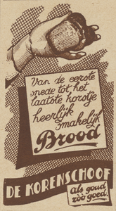717034 Advertentie voor brood van Mij. De Korenschoof, Bakkerij, Kaatstraat te Utrecht.